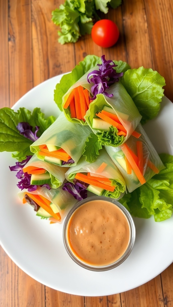 Fresh vegetable rice paper rolls filled with lettuce, carrots, cucumbers, and herbs, served with peanut sauce on a wooden table.
